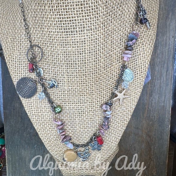 Rhodonite maxi nest charms brass silver statement chunky necklace - Picture 1 of 7